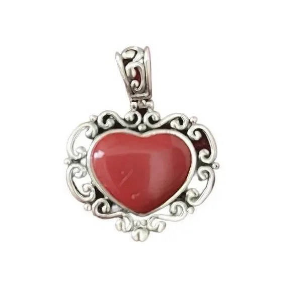 Antique Red Enamel Cabochon Handmade‎ Heart 925 Silver Scrollwork Pendant OOAK - Picture 2 of 6